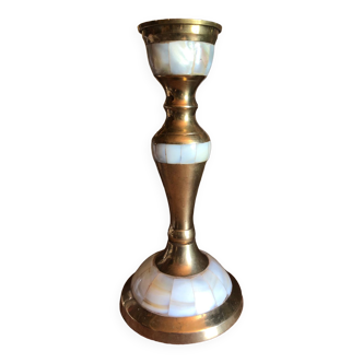 Bougeoir vintage en laiton et incrustation de nacre
