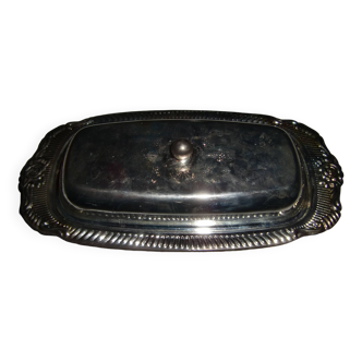 Silver metal butter dish with decorated lid