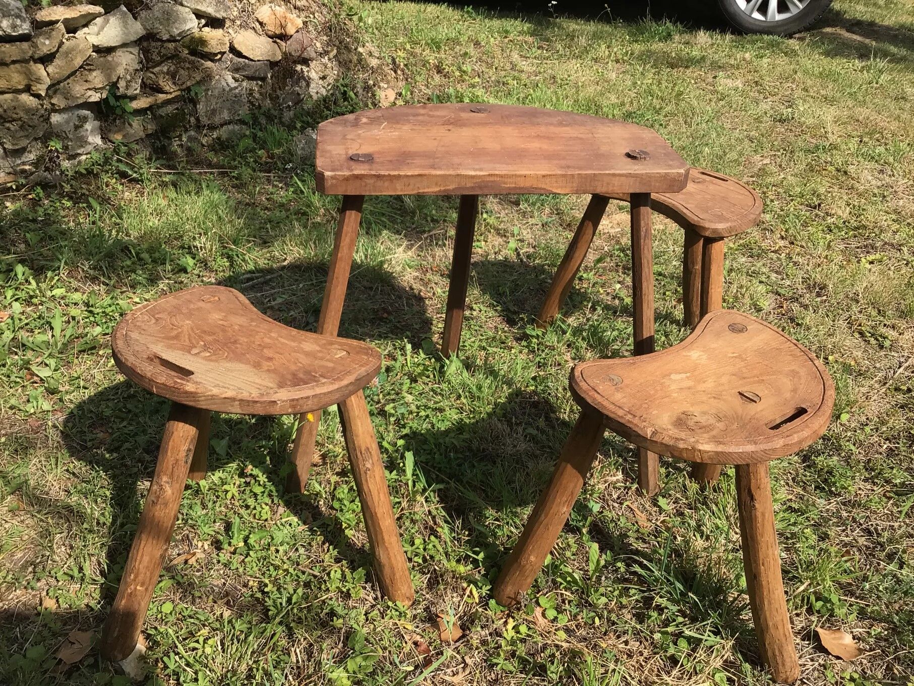 Brutalist wooden stool table set