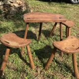 Brutalist wooden stool table set