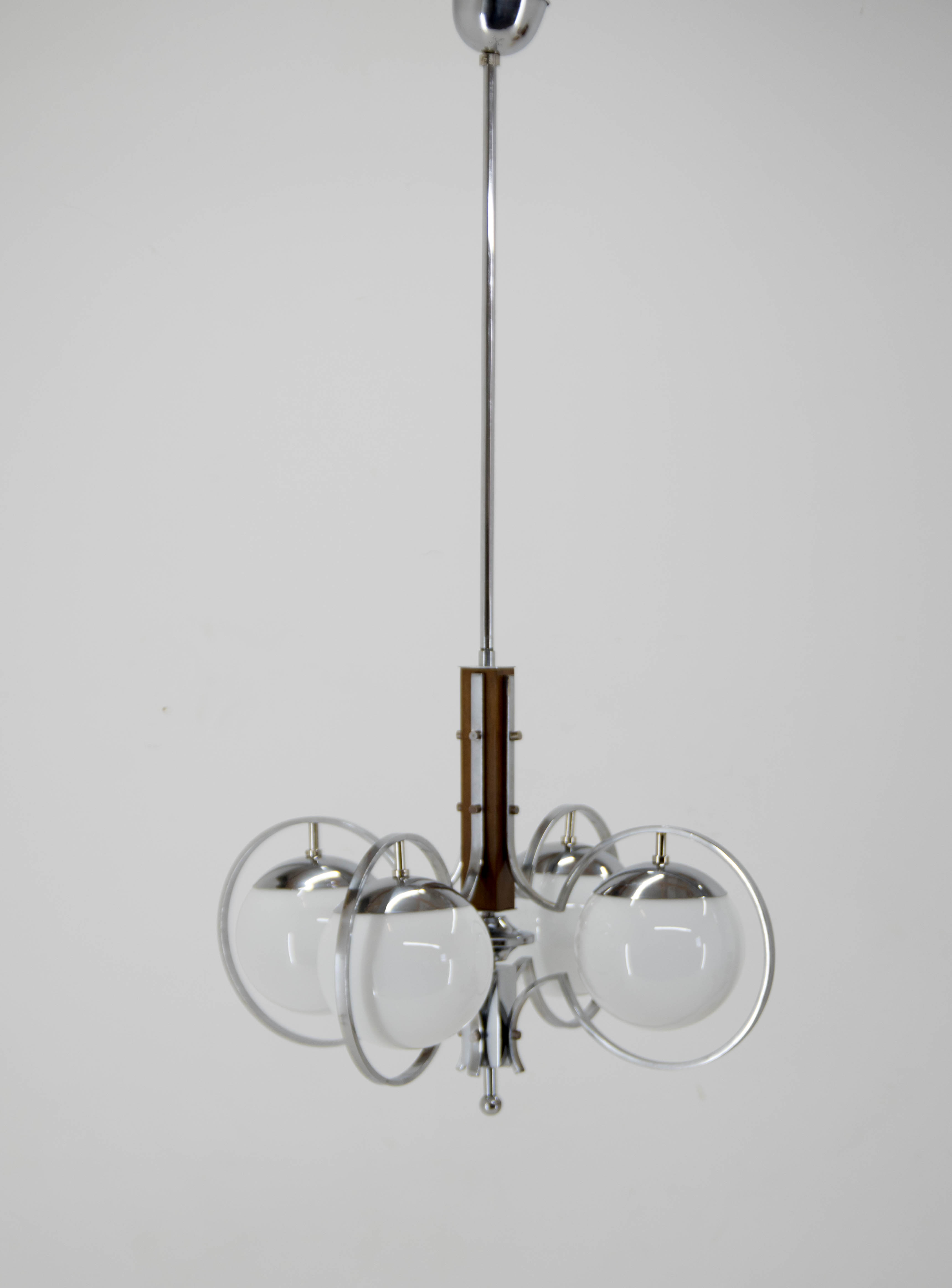 Art deco opaline glass wood and chrome chandelier, 1930s