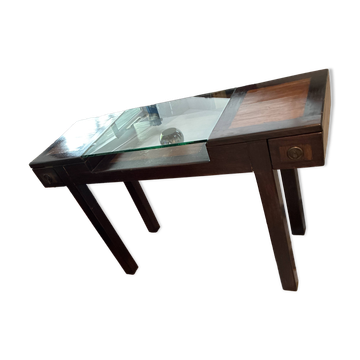 Table console / Bureau vitrine en bois exotique et verre – Style Colonial