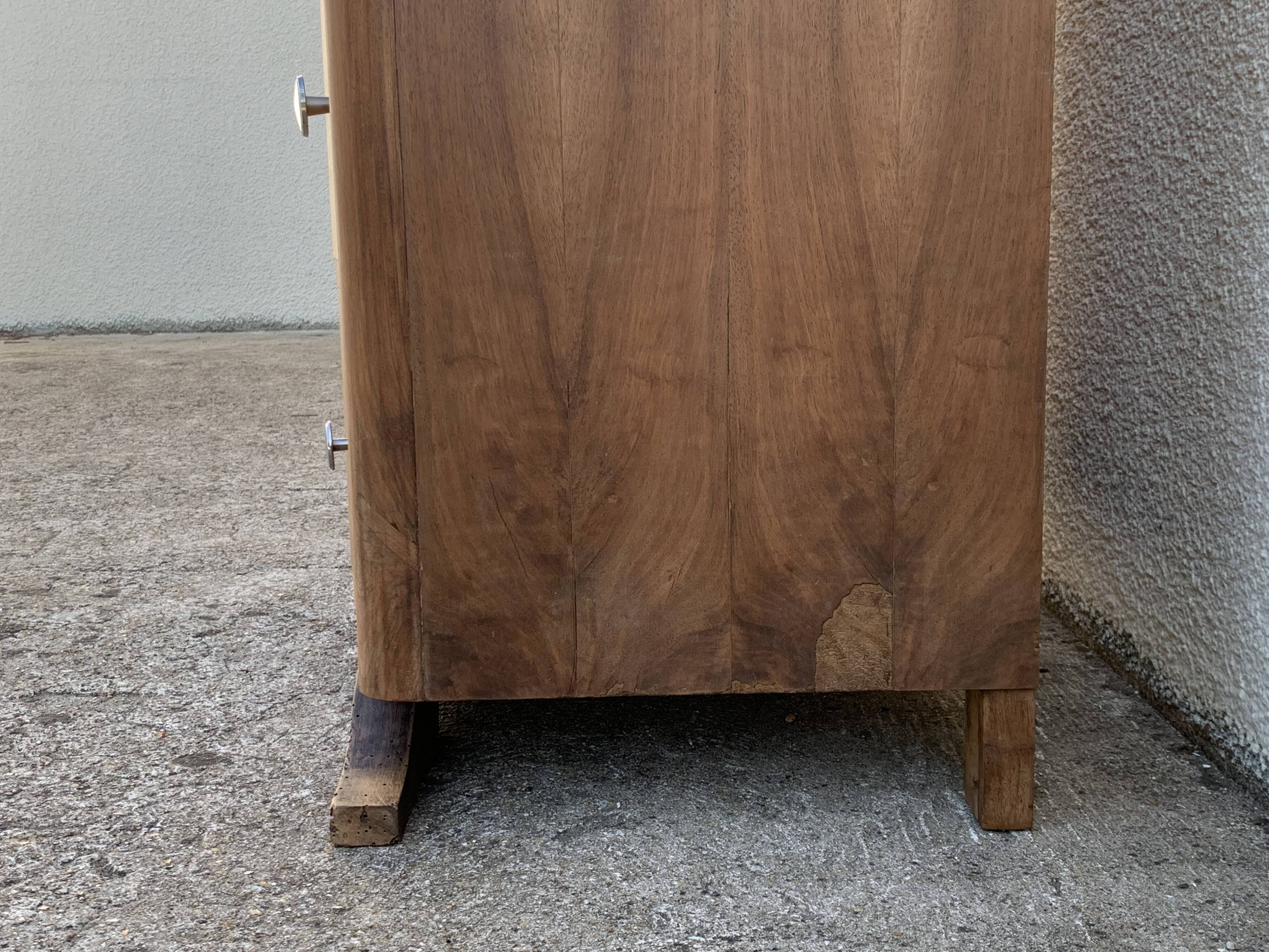 High art deco chest of drawers with mustache feet in raw walnut, 1930s
