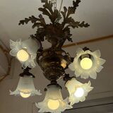 Solid bronze chandelier with moving arms, 19th century, opalescent tulips