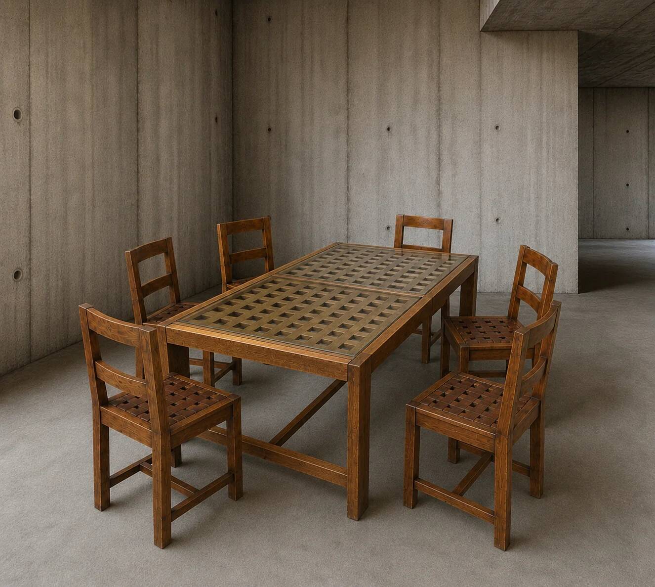 6 × chairs / dining table in oak / table openwork top / 2 inlaid glass panels / open woven leather seats / original set in very good condition / France 1950s