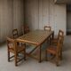 6 × chairs / dining table in oak / table openwork top / 2 inlaid glass panels / open woven leather seats / original set in very good condition / France 1950s