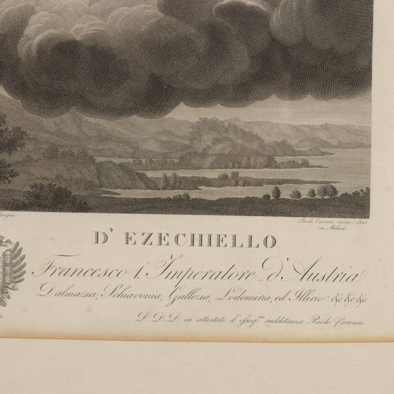 Old etching signed Paolo Caronni "Vision of Ezekiel" 1825