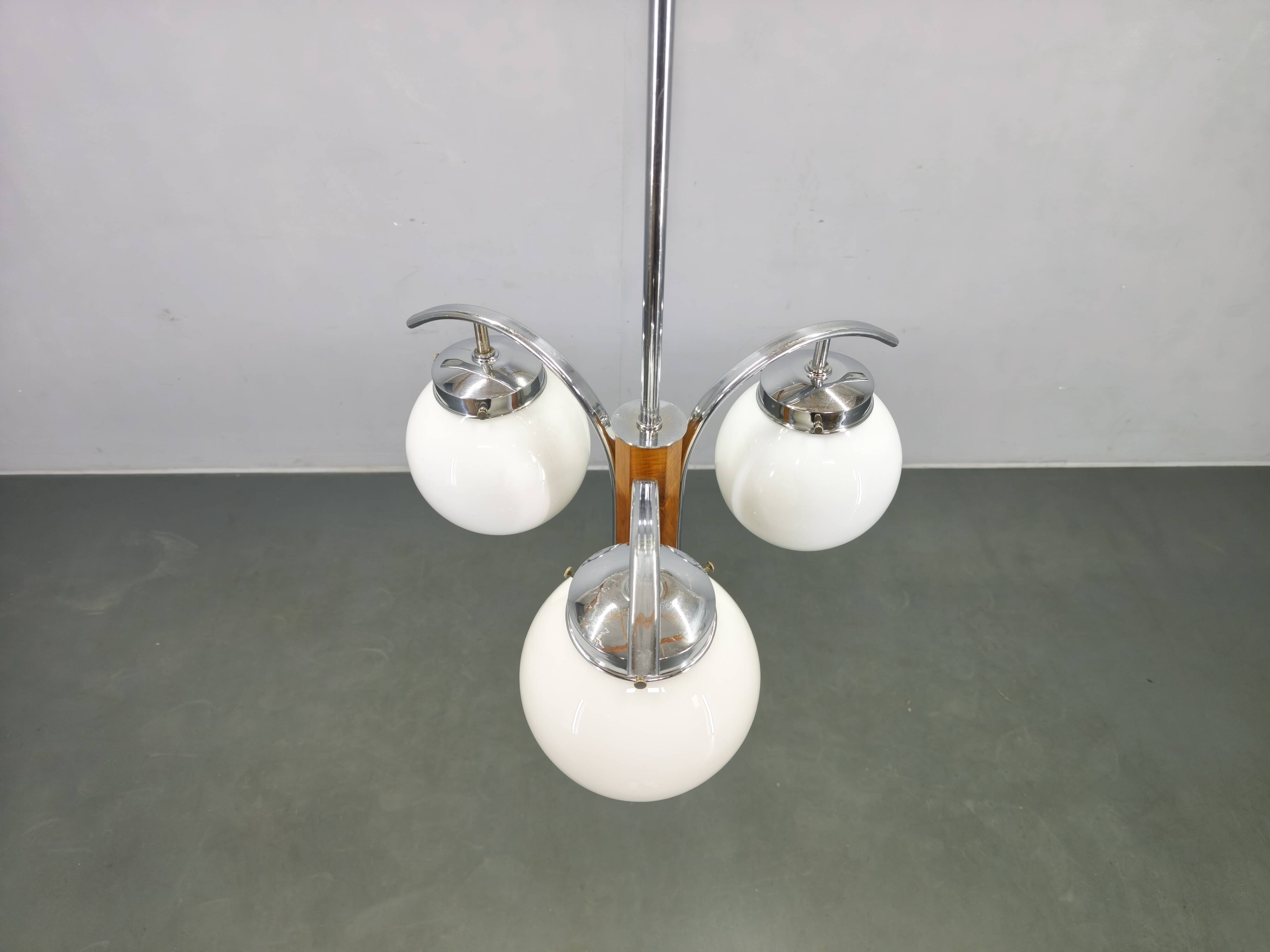 Art Deco Chandelier, Chrome, Walnut & Glass, 1930s