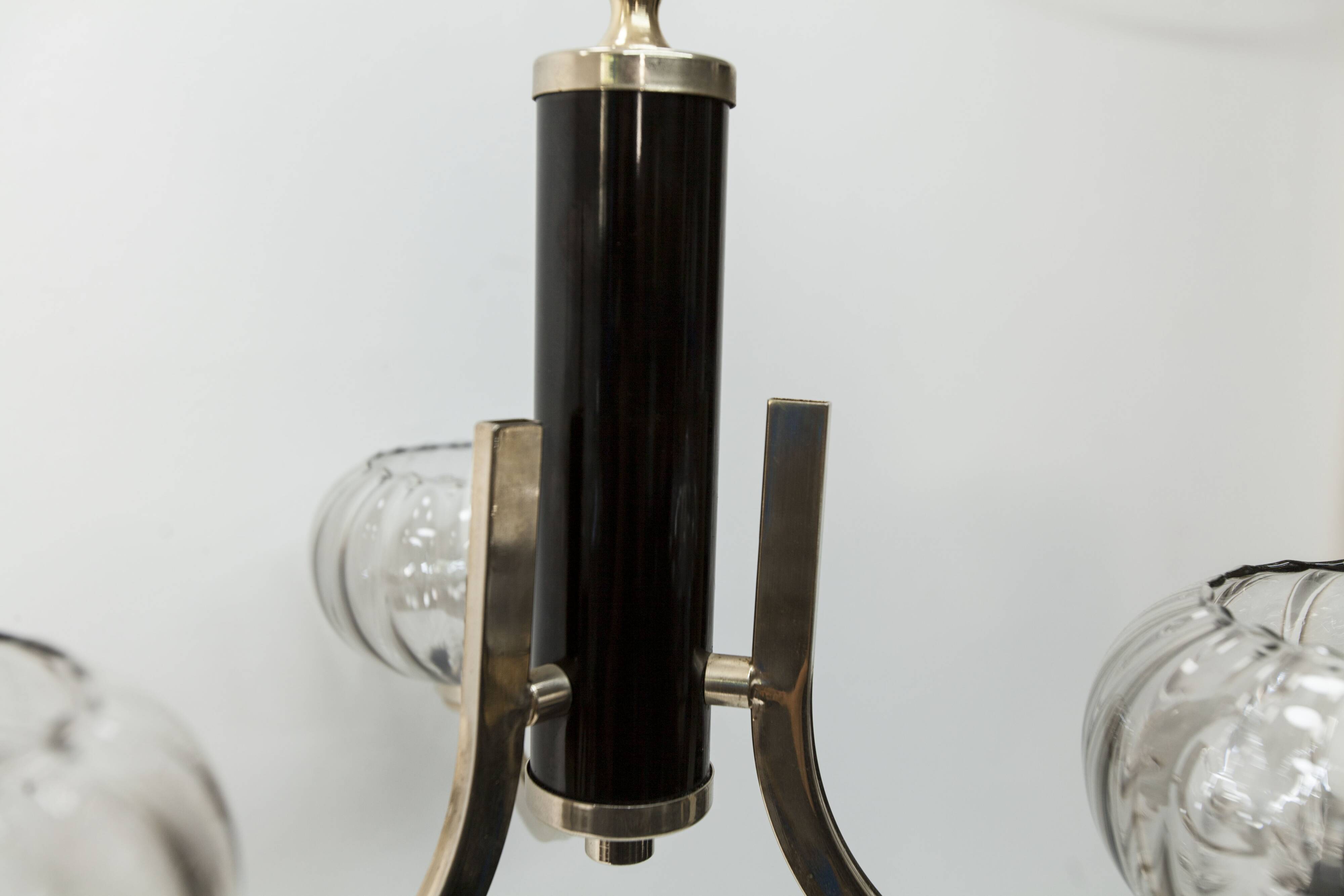 See Delmas chandelier, 3 arms, black and gold, clear glass, 1960