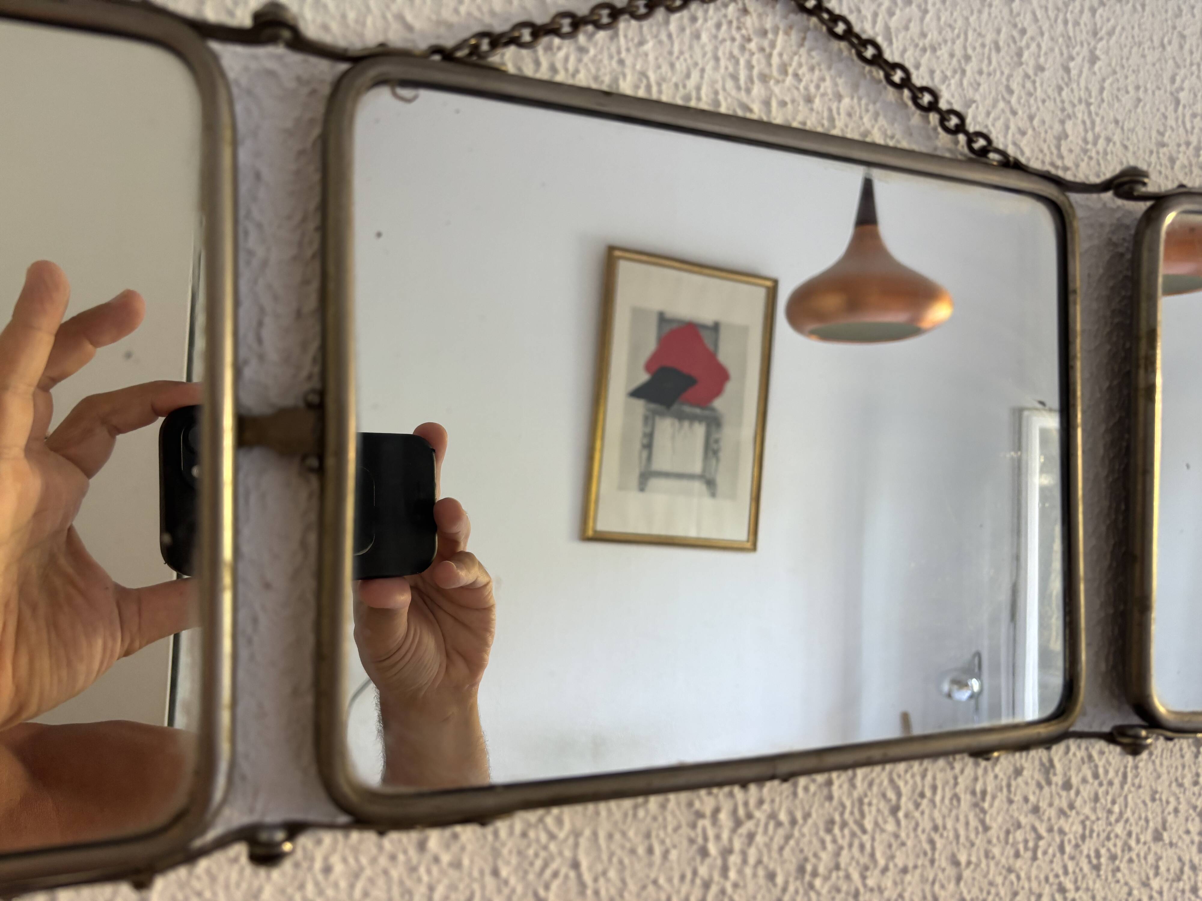 Miroir vintage 1900 triptyque barbier Art Nouveau - 19 x 78  cm