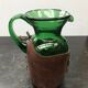 Former Carafe Pitcher Green Blown Glass - Leather - Vintage Kitchen