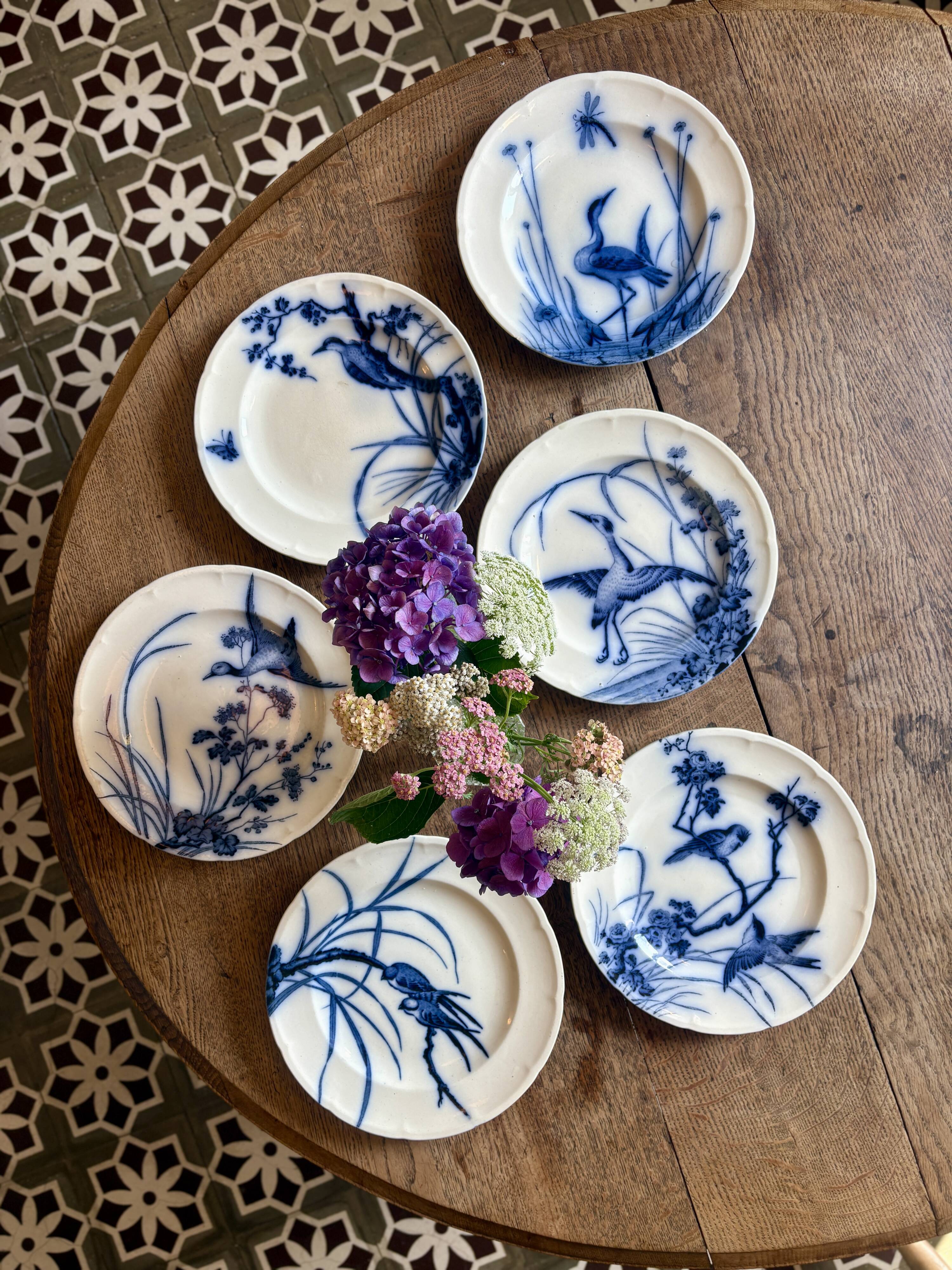 Set of 6 flat ironstone plates - Japanese Model 2 from Longwy