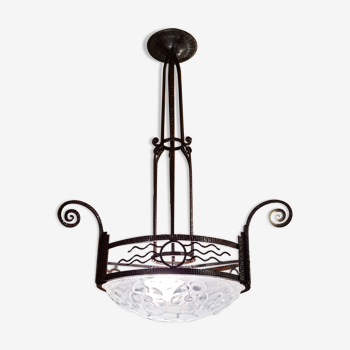 Art Deco chandelier 1930 wrought iron and glass cup