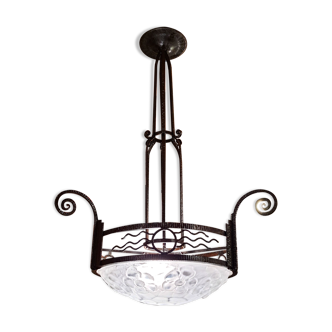 Art Deco chandelier 1930 wrought iron and glass cup