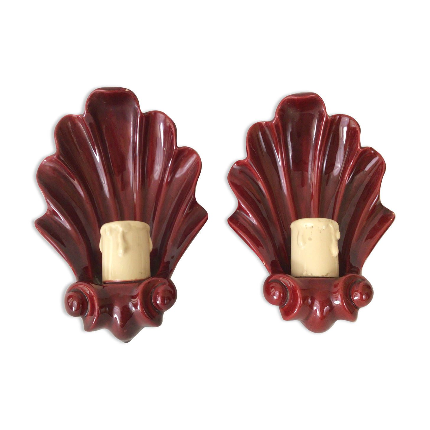 Pair of vintage shell ceramic wall lamps