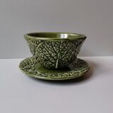 Bowl with saucer vintage slurry green Portugal cabbage leaf