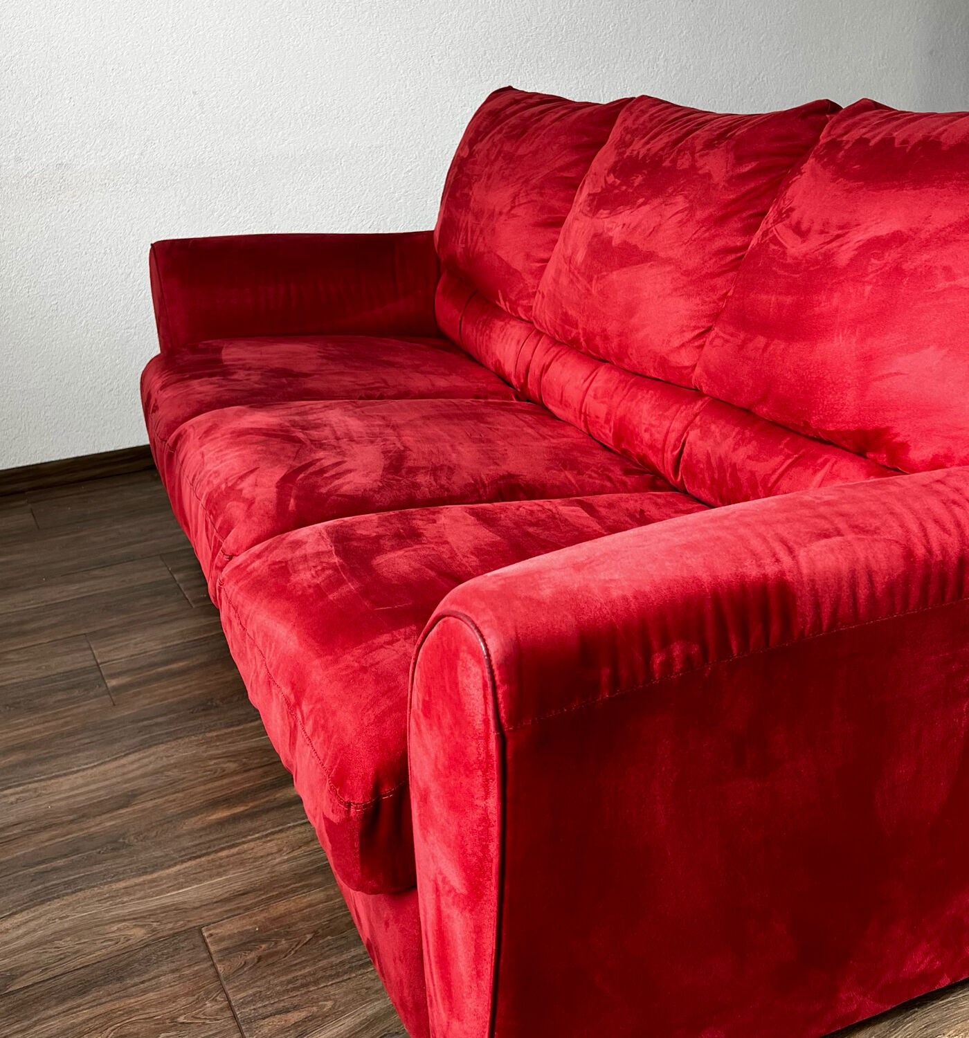 Vintage 3 Seat Red Velour Sofa, Ikea 1990s