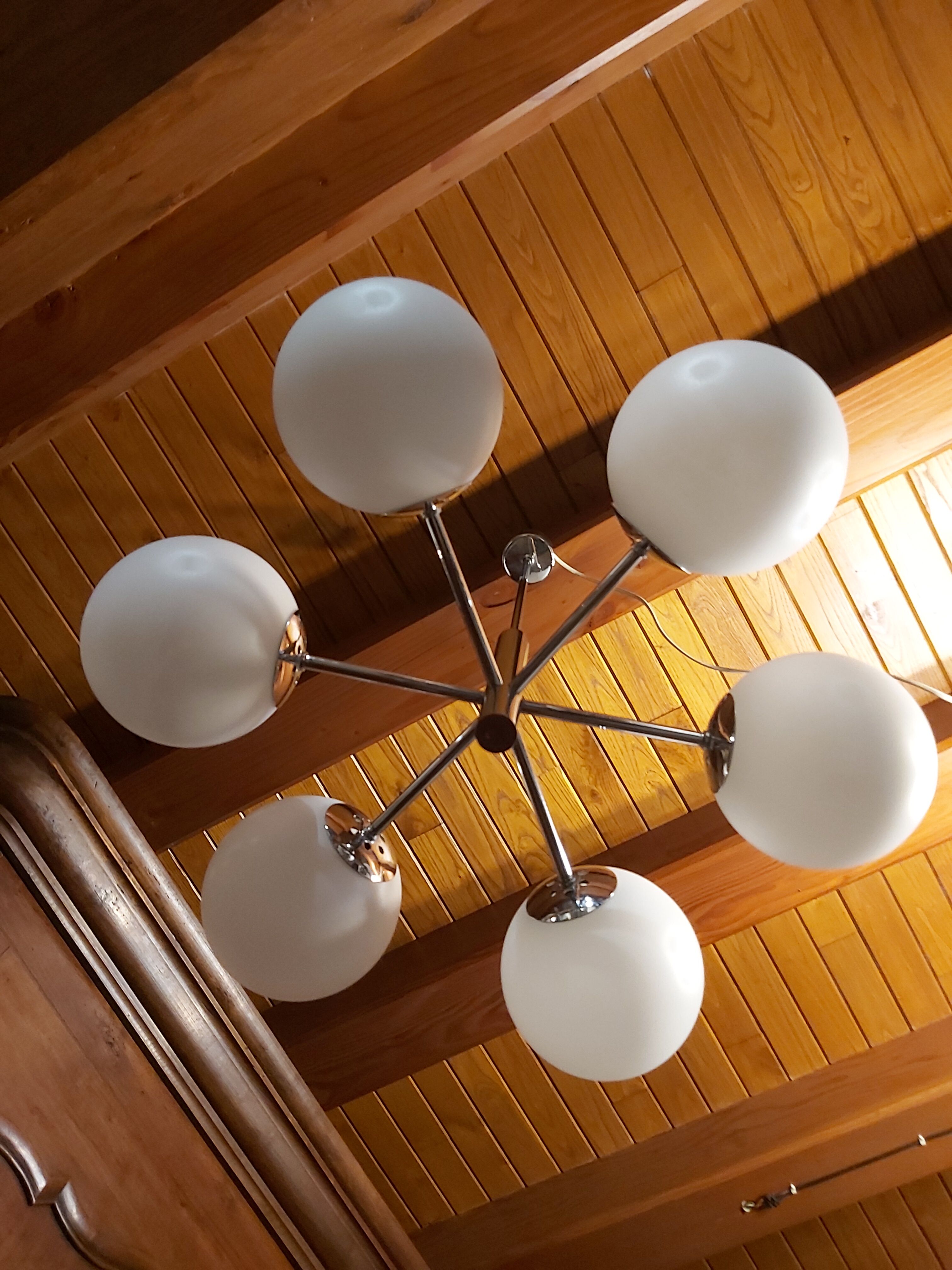 Chrome Sputnik chandelier and white frosted glass globes
