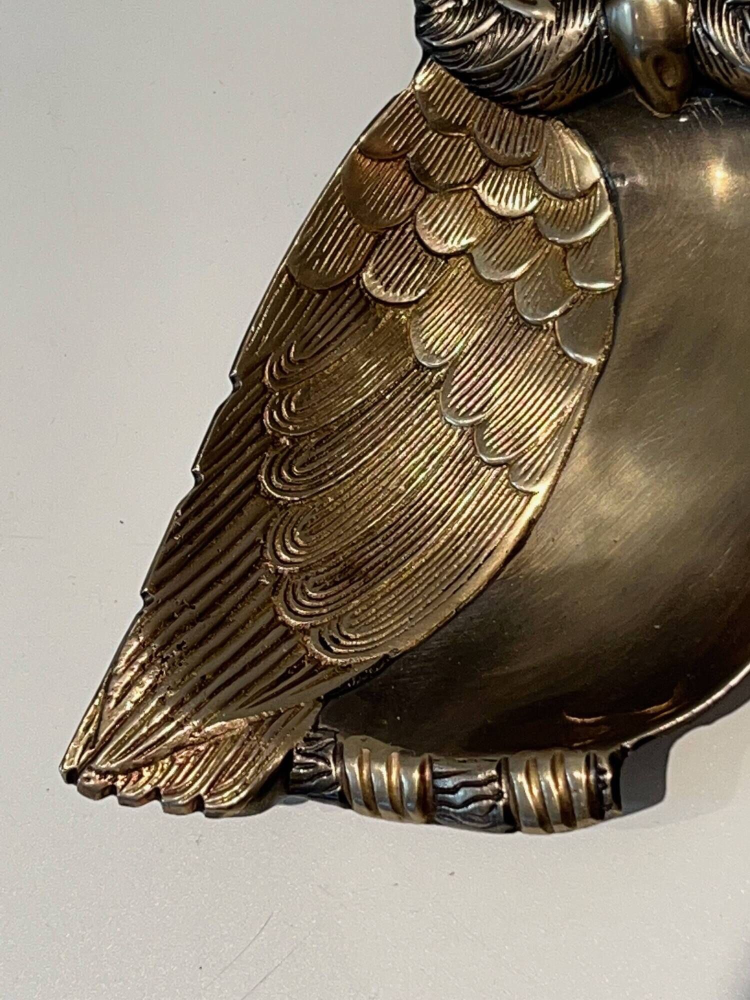 Brass Owl Catchall with Chiseled Feather Decoration. Italian Work in the