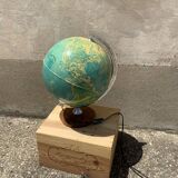 Globe vintage éclairé pied en bois monture argenté déco bureau ancien