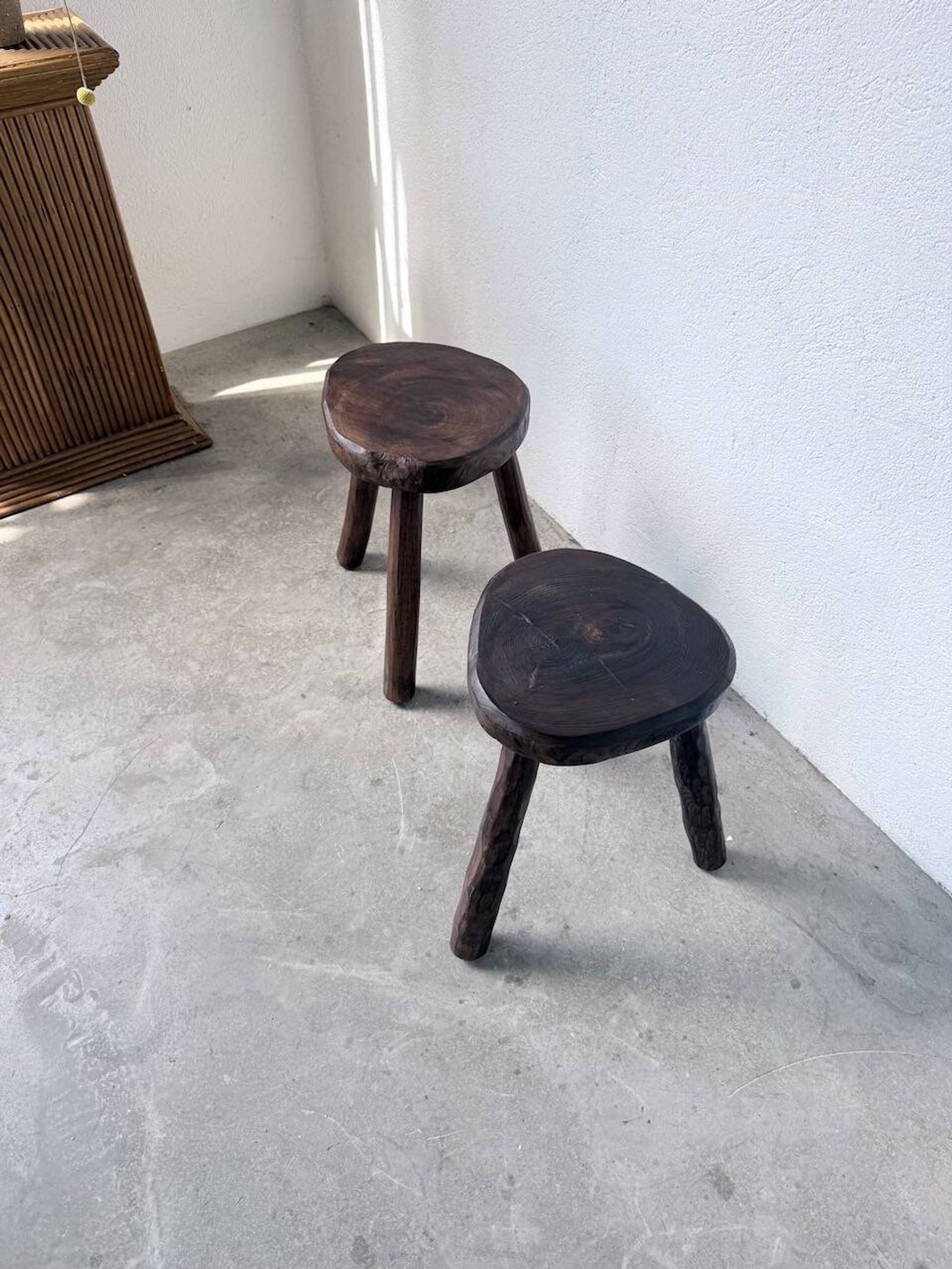 Pair of tripod stools in oak