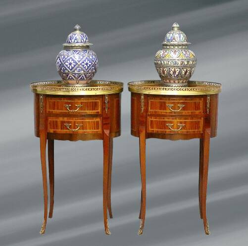 Pair of Bedside Tables / Salon in Marquetry Transition Style Louis XV/Louis XVI