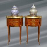 Pair of Bedside Tables / Salon in Marquetry Transition Style Louis XV/Louis XVI
