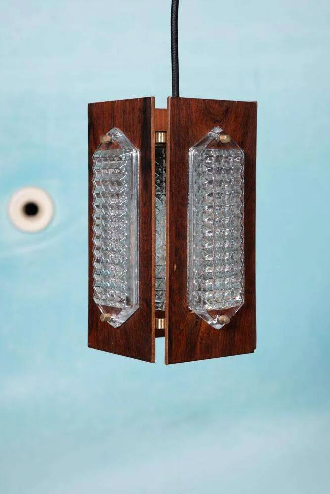 Vintage wooden and glass suspension Flygsfors Facette, glass lamp.