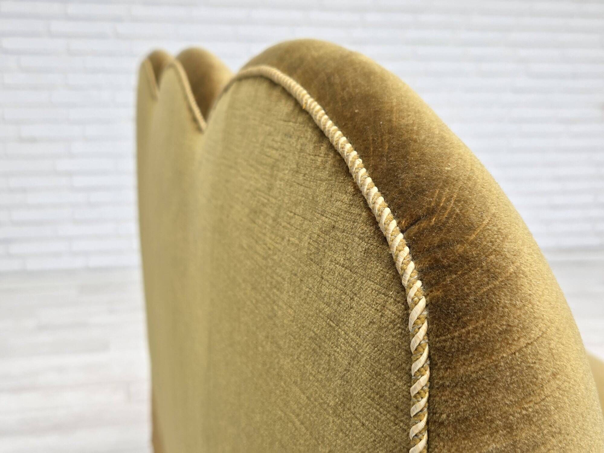1950s, 2 seater sofa/daybed, light green furniture velour, ash wood legs.