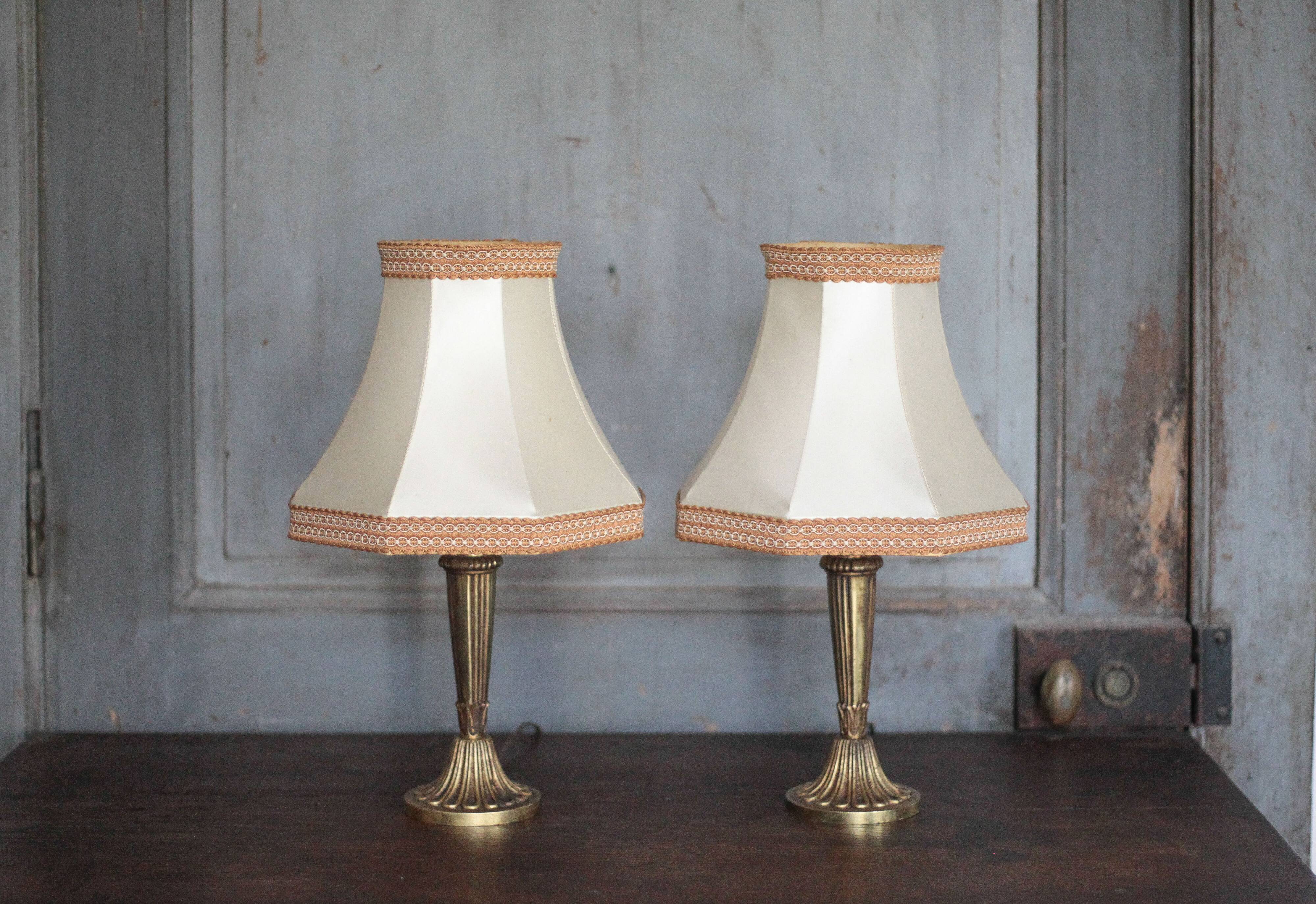 Pair of bronze lamps with fabric shades, bedside lamp.