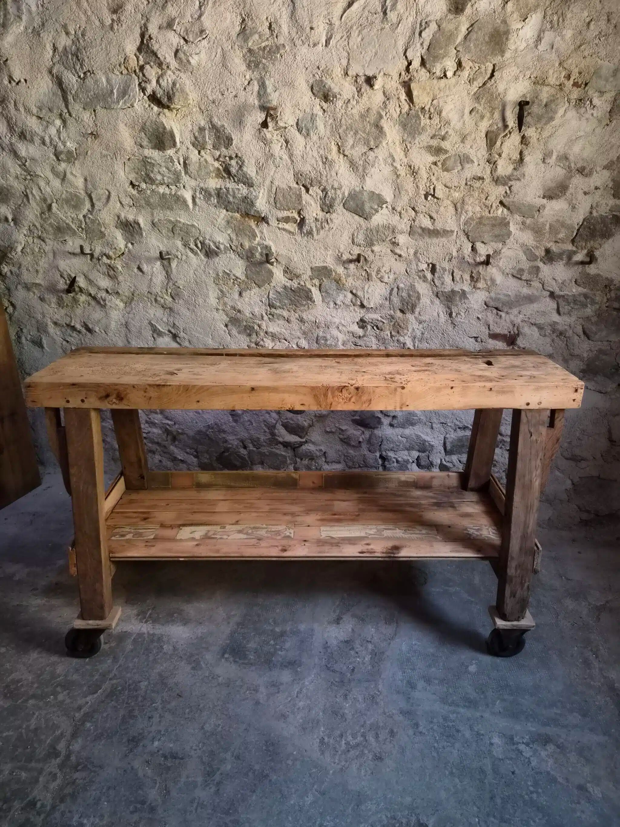 French industrial kitchen island, antique work table in chestnut and oak, circa 1900.