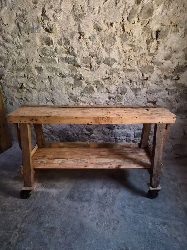 Îlot de cuisine établi français industriel, table de travail ancienne en châtaignier et chêne, vers 1900