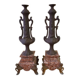 Pair of Art Nouveau candlesticks in bronze & marble