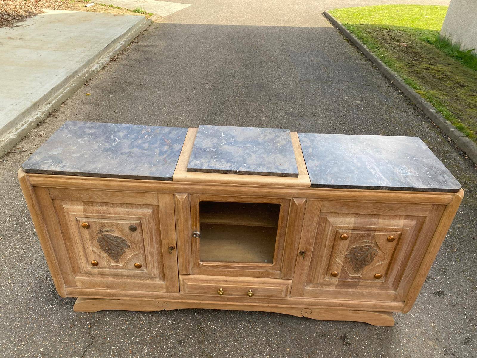 Renovated art deco sideboard in solid raw oak and gray marble 186cm