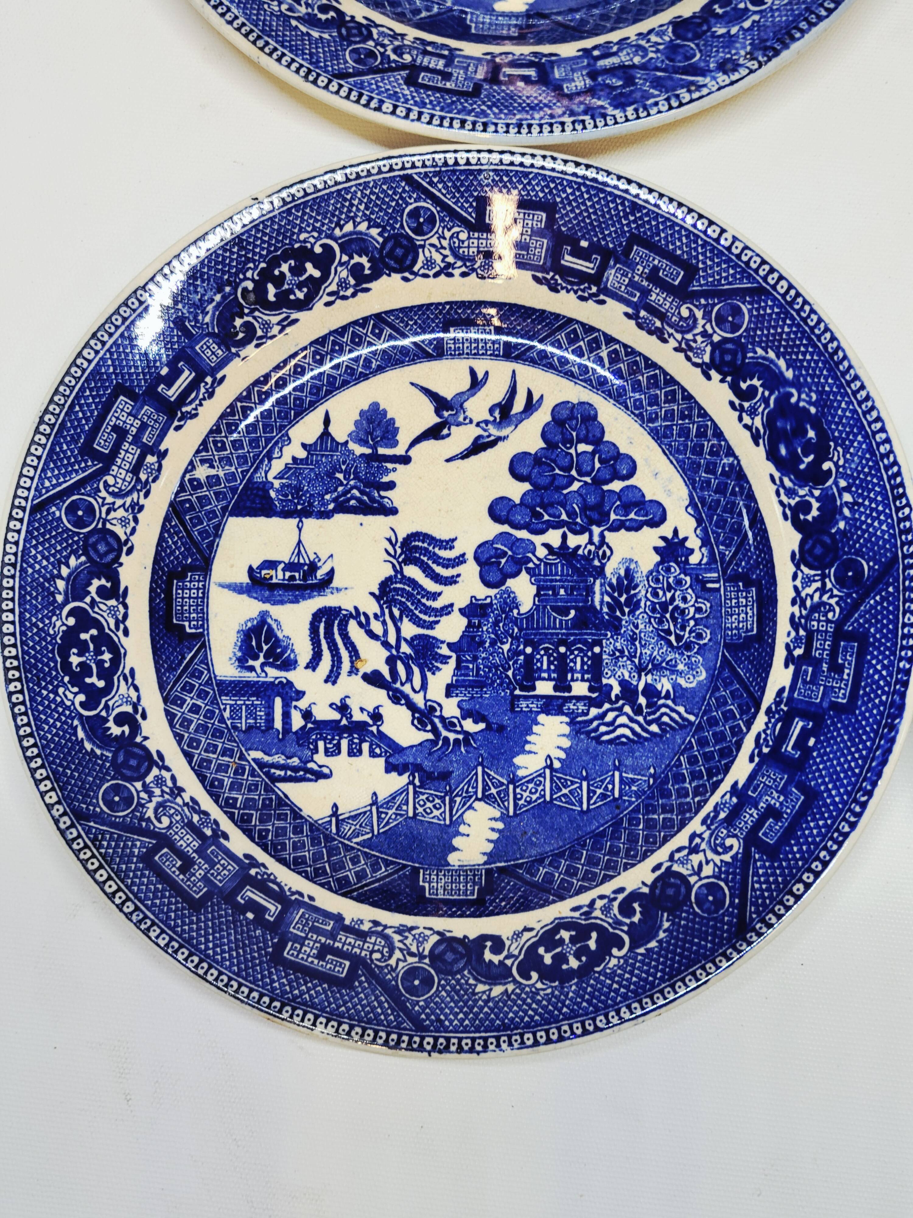 9 Antique Plates 19th Century Blue Willow Pattern Chinese Blue Decor