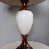 Table lamp with wooden and alabaster base, fabric lampshade