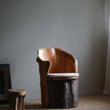 Sculptural brutalist armchair handcrafted in solid pine, Wabi Sabi style, Sweden, 1970s.