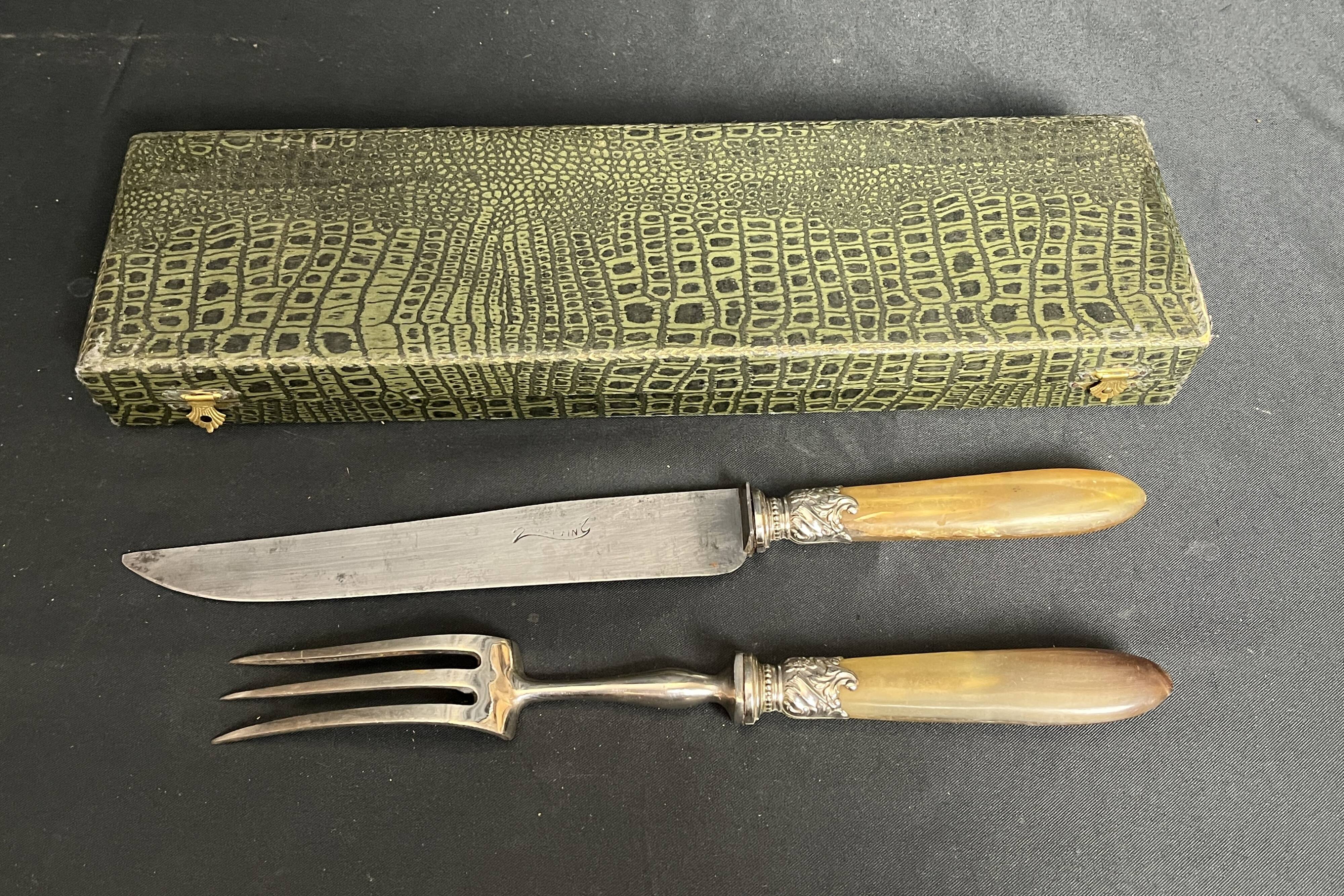 Tableware, silver-plated carving set with horn, early 20th century.