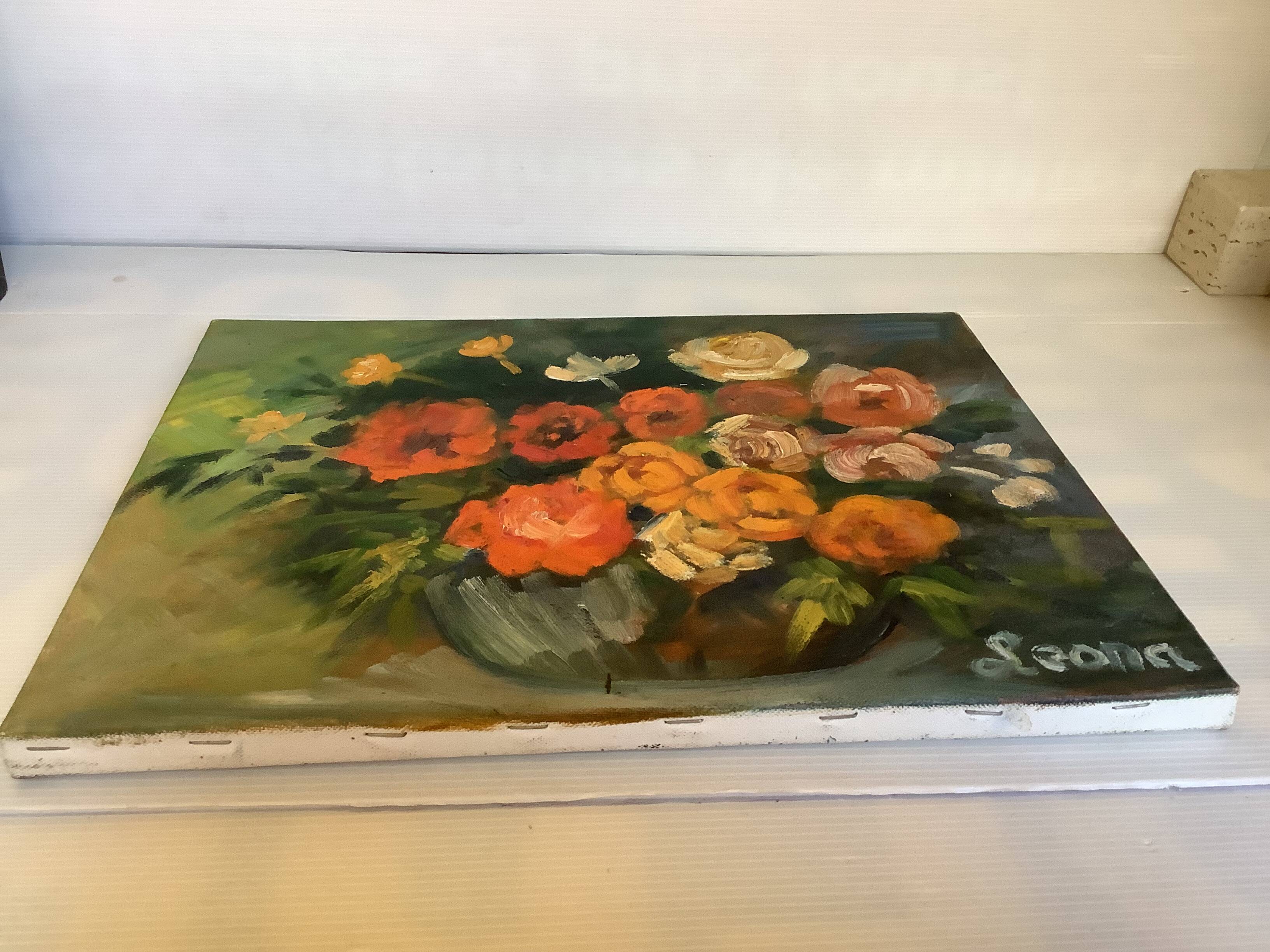 Painting bouquet of flowers oil on canvas signed