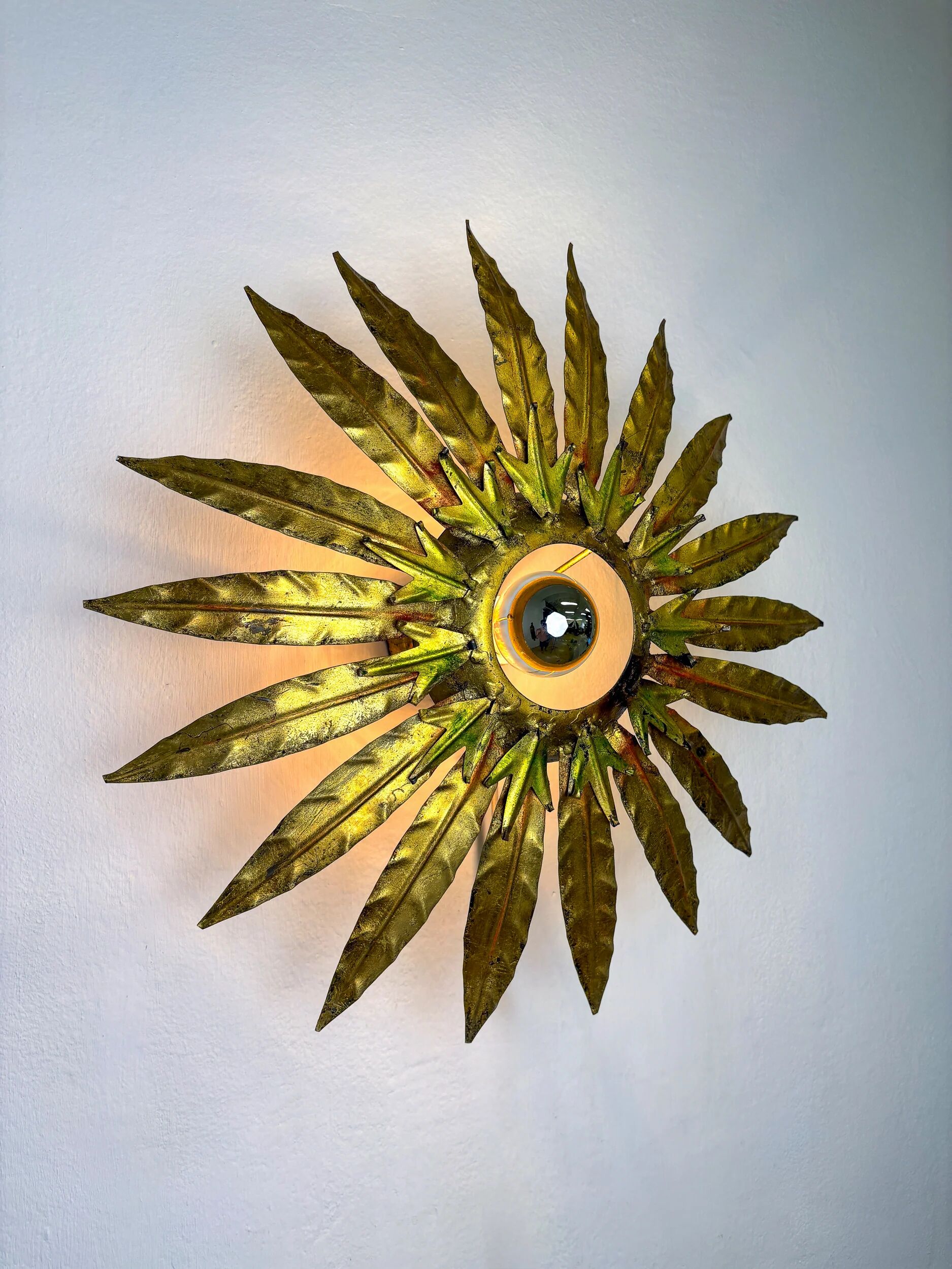 Mid-century modern sunburst light fixture with leaves, French craftsmanship, 1950s