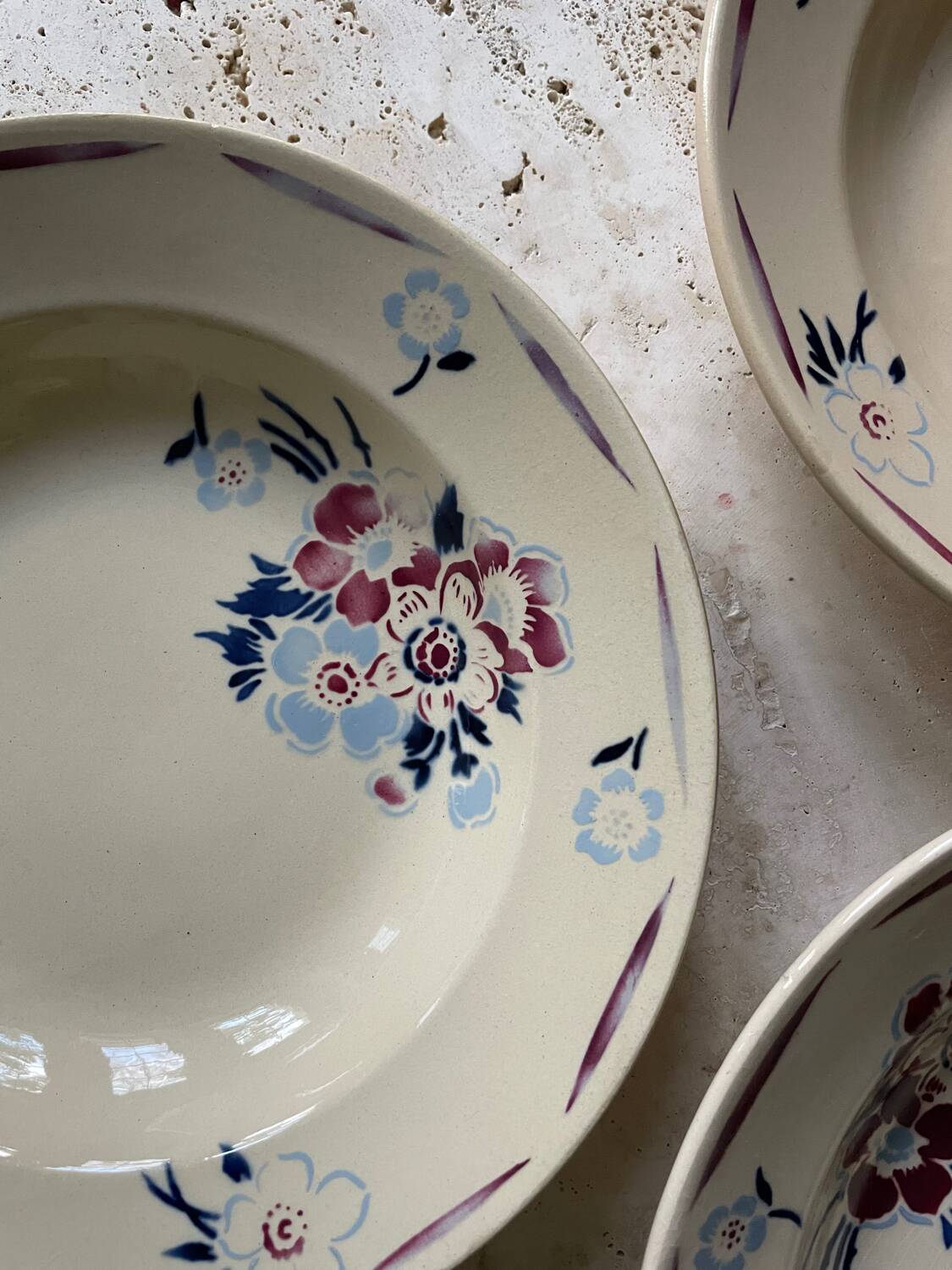 6 vintage old earthenware soup plates