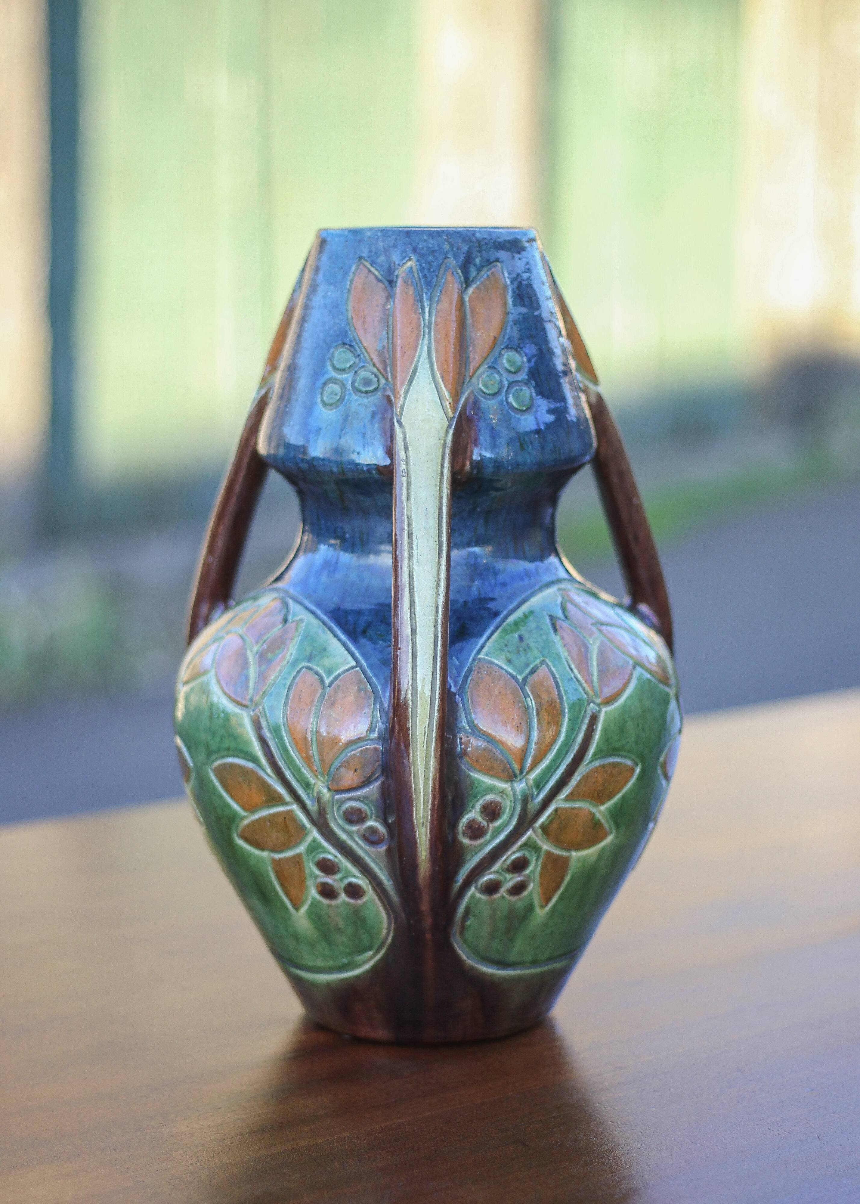 Large Art Deco vase, enamelled terracotta vase with floral motifs, Vase with tripod handles, Art Nouveau