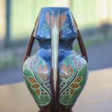 Large Art Deco vase, enamelled terracotta vase with floral motifs, Vase with tripod handles, Art Nouveau
