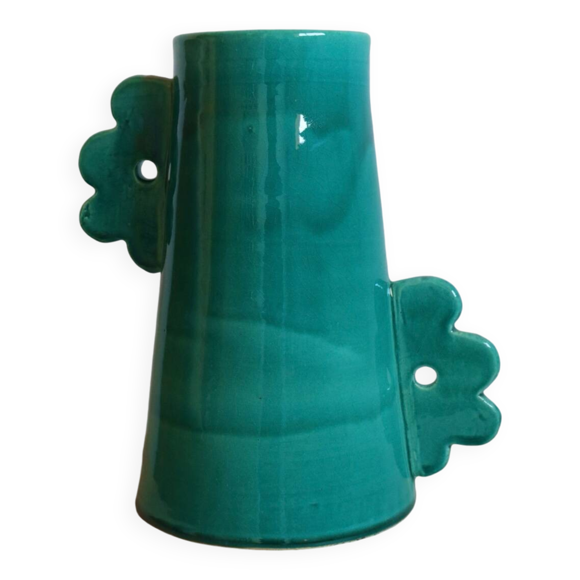 Handmade ceramic abstract vase with large handles and turquoise blue flowers