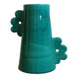 Handmade ceramic abstract vase with large handles and turquoise blue flowers
