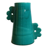Handmade ceramic abstract vase with large handles and turquoise blue flowers