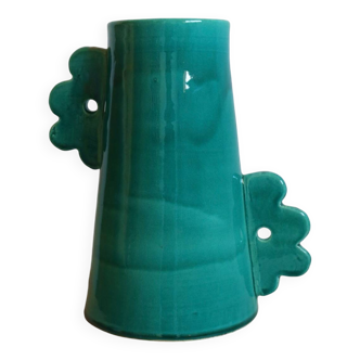 Vase abstrait en ceramique fait-main grandes anses fleurs bleu turquoise