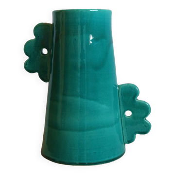 Handmade ceramic abstract vase with large handles and turquoise blue flowers