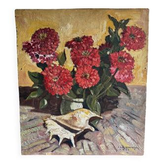 Oil on panel still life with flowers by A. Le Cudennec 1955
