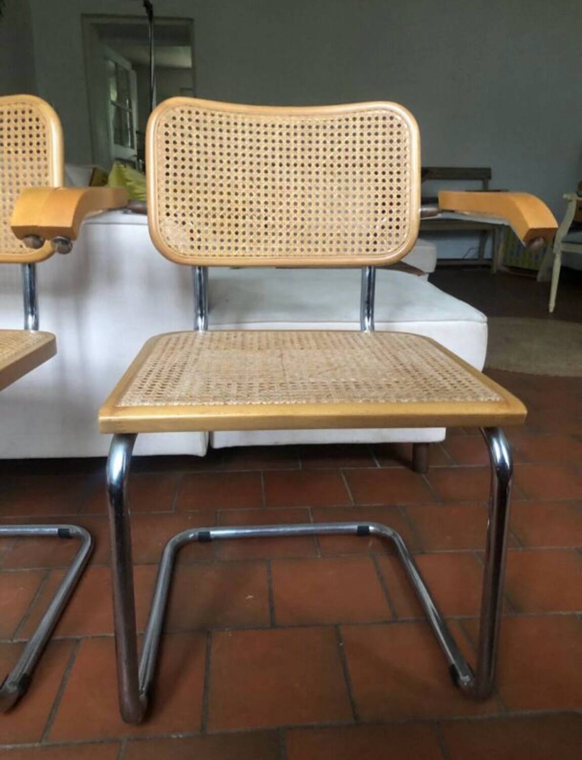 Pairs of Cesca B64 armchairs with armrests by Marcel Breuer